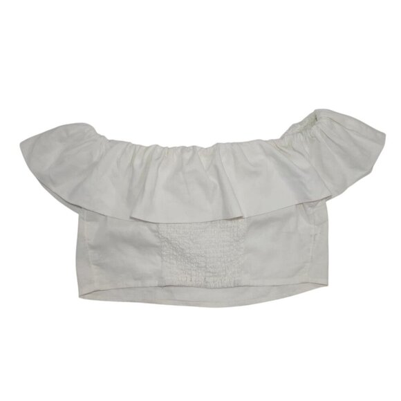 White Off-Shoulder Ruffled Crop Top By A New Day L 55% Linen & 45% Rayon. - Picture 2 of 7
